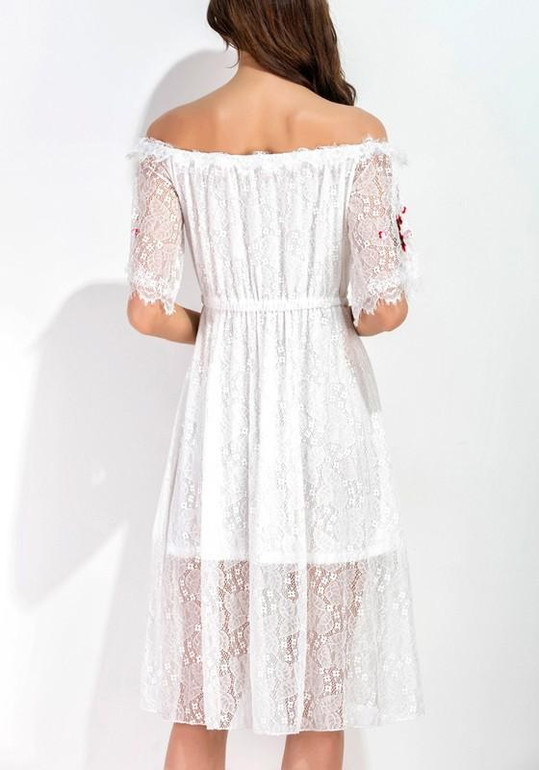 White Patchwork Embroidery Lace Print Double-deck Off Shoulder Midi Dress