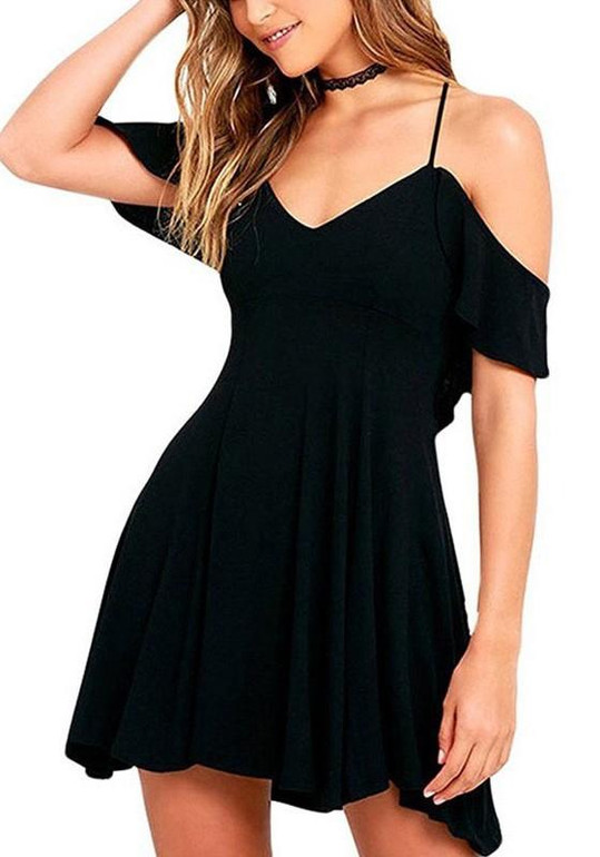 Casual Black Draped Spaghetti Strap Off-Shoulder Open Back V-neck Mini Dress