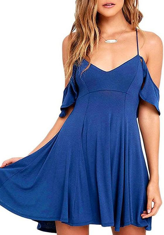 Casual Blue Draped Spaghetti Strap Off-Shoulder Open Back V-neck Mini Dress
