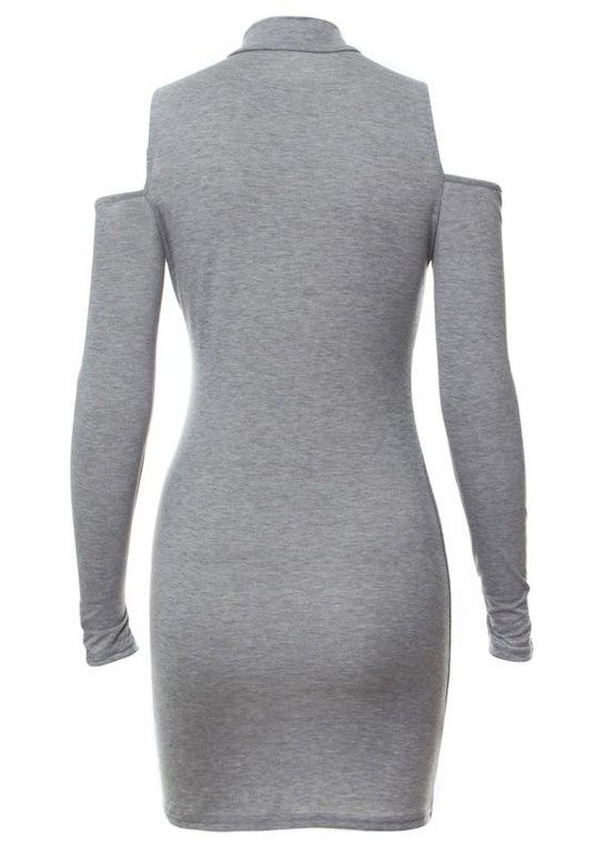 Grey Plain Cut Out Off Shoulder High Neck Mini Dress