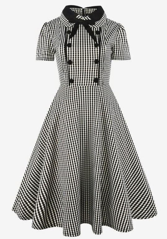 Black White Plaid Bow Buttons Turndown Collar Round Neck Short Sleeve Midi Dress