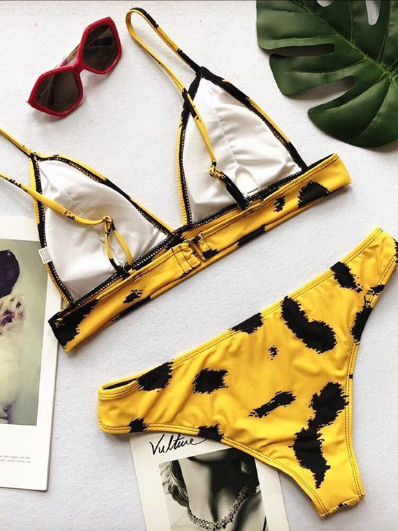 Yellow Printed Dull Lace-Up Bikinis Swimwear