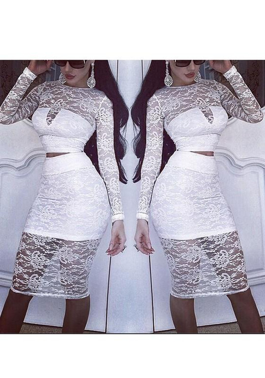 White Patchwork Lace Midriff 2-in-1 Round Neck Midi Dress