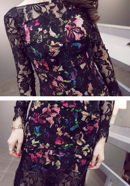 Black Patchwork Lace Hollow-out Backless Midi Dress