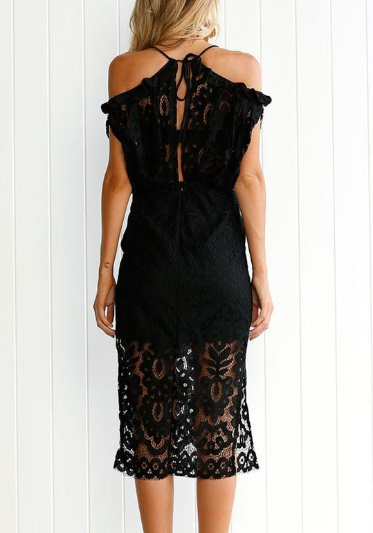 Black Patchwork Zipper Hollow-out Lace Condole Belt Double-deck Midi Dress Black Patchwork Zipper Hollow-out Lace Condole Belt Double-deck Midi Dress