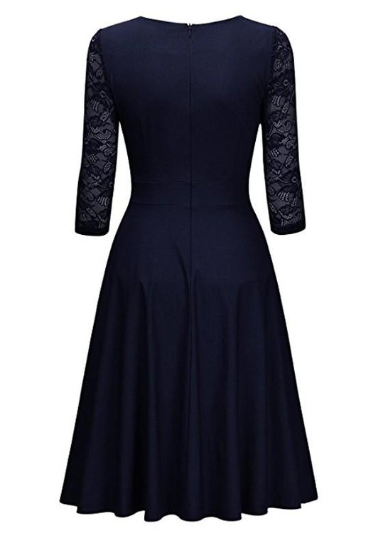 Navy Blue Patchwork Lace Draped Round Neck Fashion Midi Dress