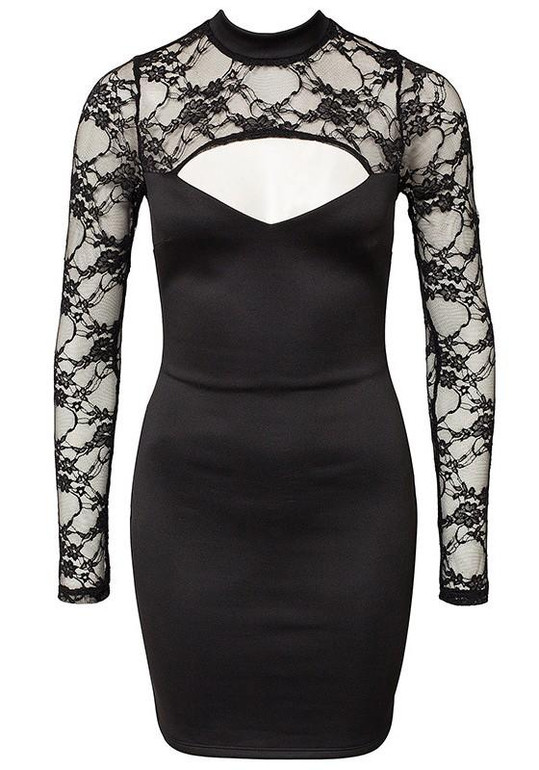 Casual Black Patchwork Lace Cut Out High Neck Mini Dress