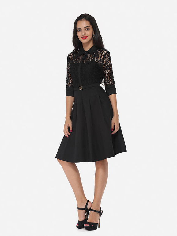 Casual Lace Patchwork Plain Alluring Lapel Skater-dress
