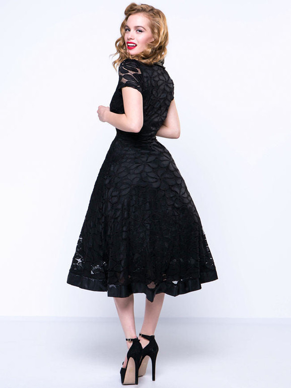 Casual V-Neck Plain Lace Skater Dress Casual V-Neck Plain Lace Skater Dress