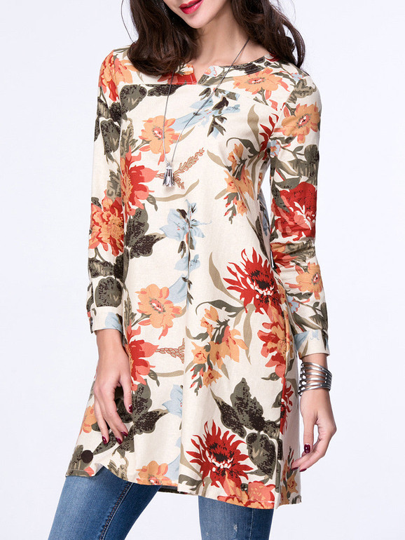 Casual Colorful Split Neck Pocket Floral Blouse