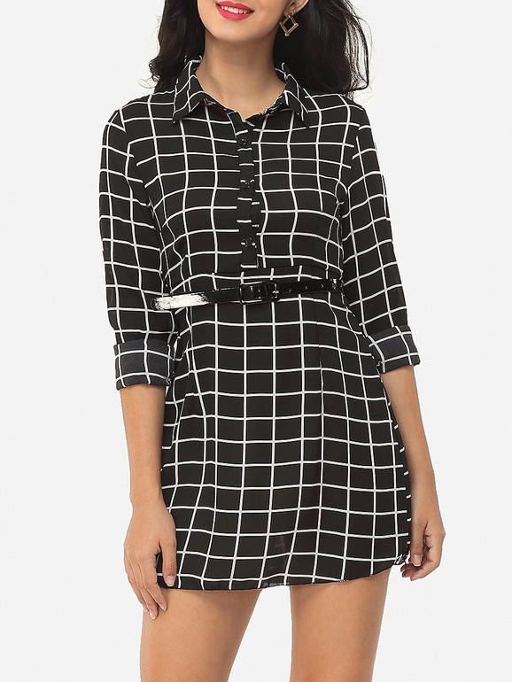 Casual Plaid Single Breasted Designed Polo Collar Blouse