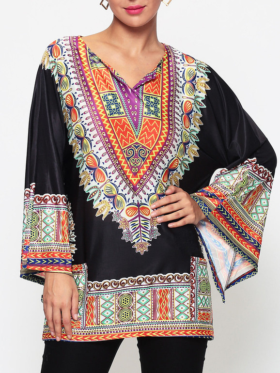 Casual Assorted Colors Tribal Printed Batwing Mandarin Sleeve V Neck Blouse