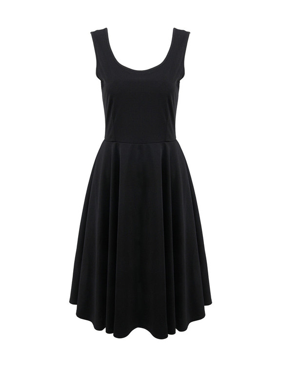 Casual Round Neck Sleeveless Solid Skater Dress In Black