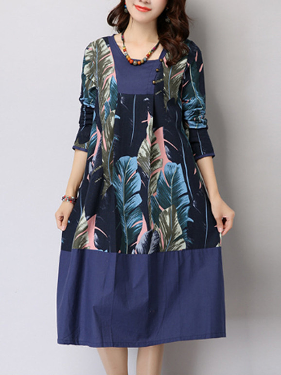 Casual Slit Pocket Feather Printed Shift Dress