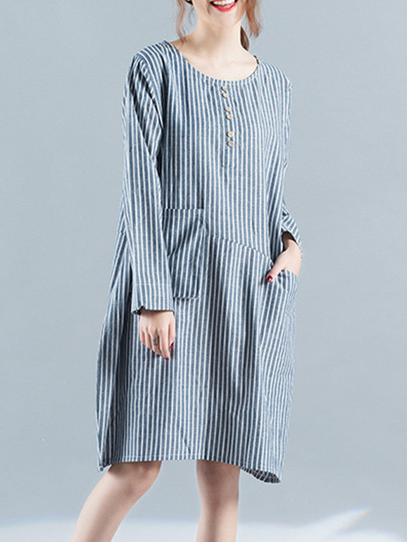 Casual Vertical Striped Pocket Decorative Button Shift Dress