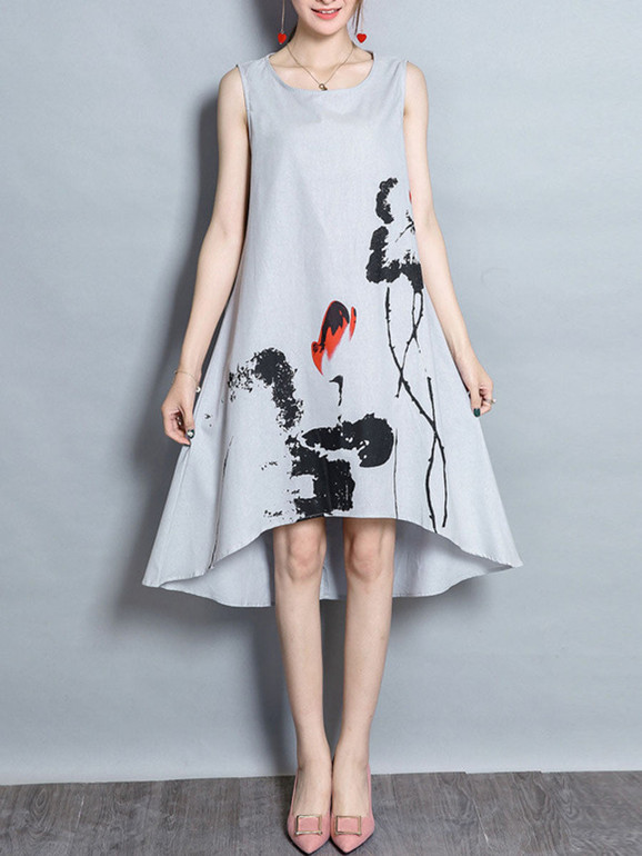 Casual Round Neck Printed High-Low Shift Dress