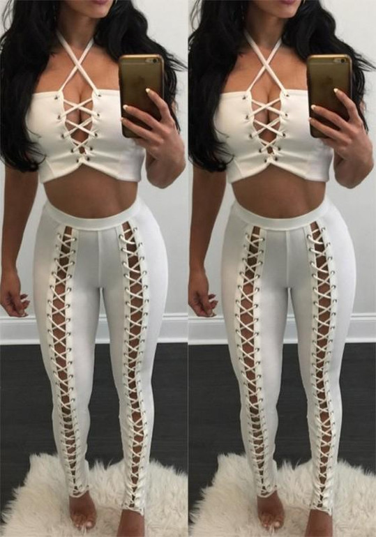 New White Cut Out High Waisted Cross Lace Up Long Pants