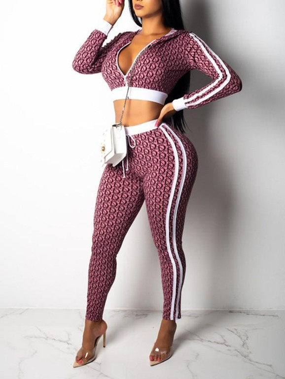 New Pink Floral Striped Print Drawstring Zipper hooded Crop High Waisted Fashion Casual Long Jumpsuit Pants