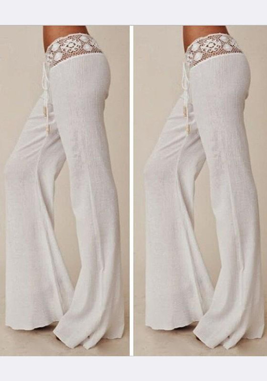 White Patchwork Lace Drawstring Waist Casual Long Pants
