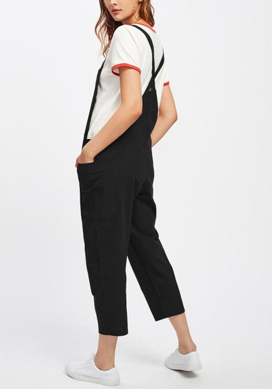 Black Pockets Shoulder-Strap Going out Casual Overall Pants