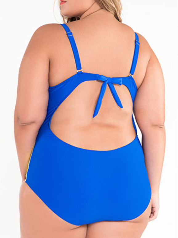 Casual Designed Back Hole Color Block Plus Size One Piece