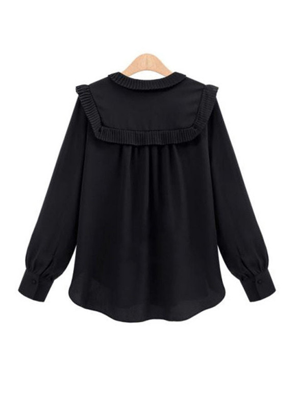 Casual Doll Collar Plain Plus Size Blouse With Ruffle Trim Detail