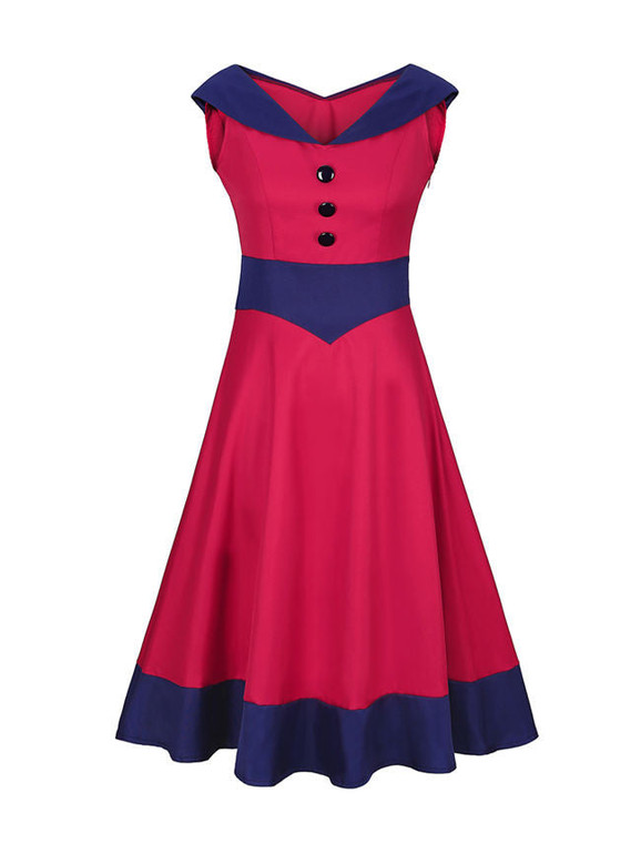 Casual V-Neck Decorative Button Awesome Color Block Plus Size Flared Dress
