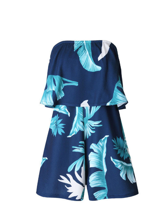 Casual Attractive Strapless Flounce Leaf Printed Romper