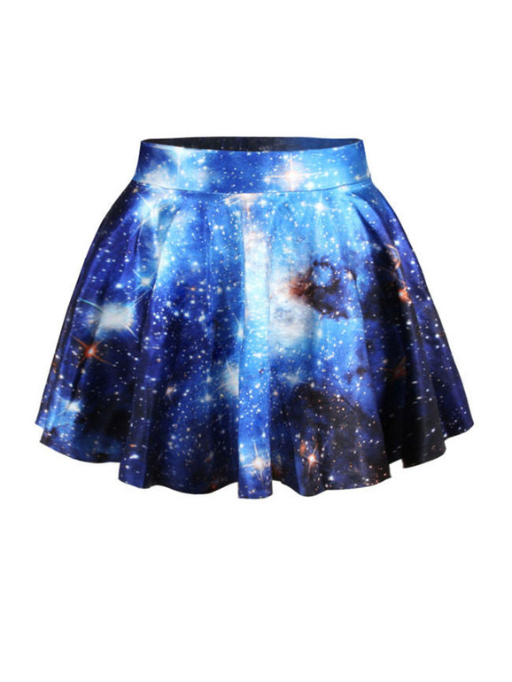 Casual Elastic Waist Galaxy Printed Flared Mini Skirt