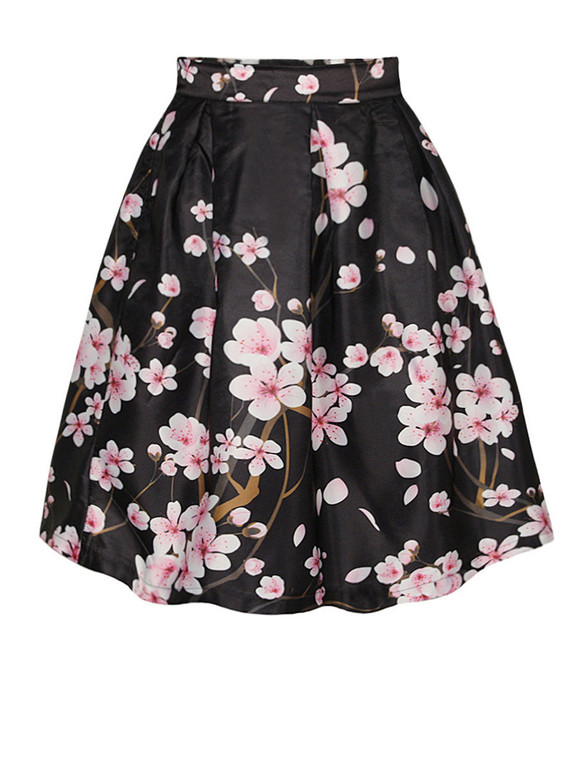 Casual Vintage Floral Printed Swing Midi Skirt