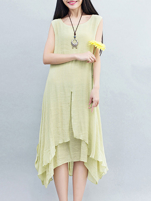 Casual Round Neck Asymmetric Hem Double Layer Plain Shift Dress