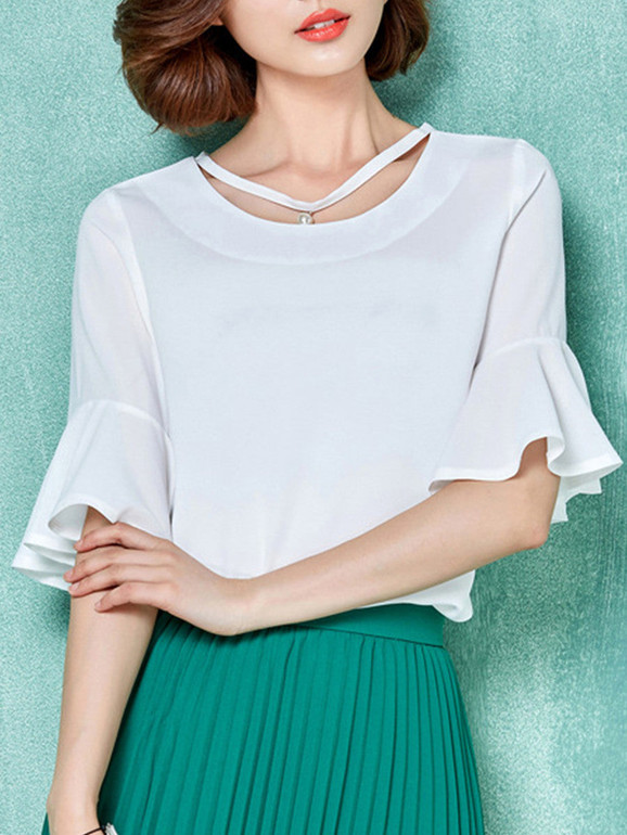 Casual Round Neck Cutout Plain Bell Sleeve Blouse