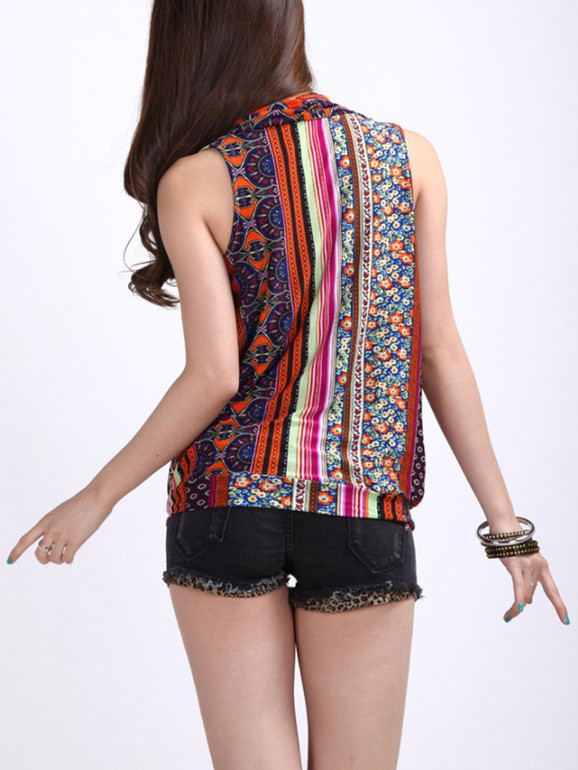 Casual V-Neck Tribal Printed Vertical Striped Sleeveless T-Shirt