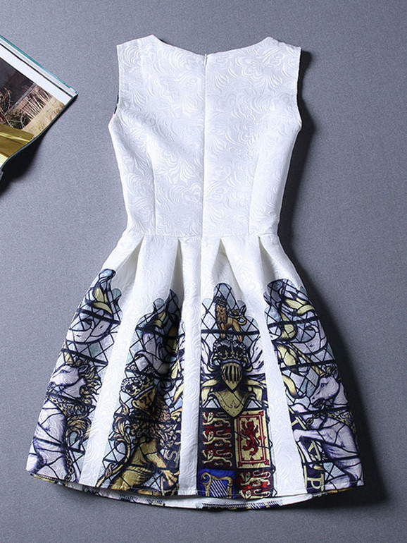 Casual Round Neck Unique Printed Sleeveless Skater Dress