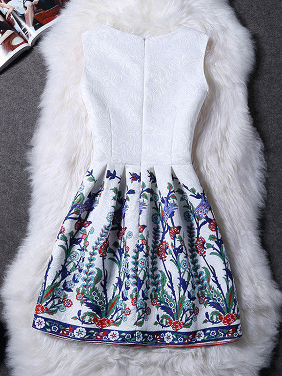 Casual Round Neck Printed Trendy Skater Dress