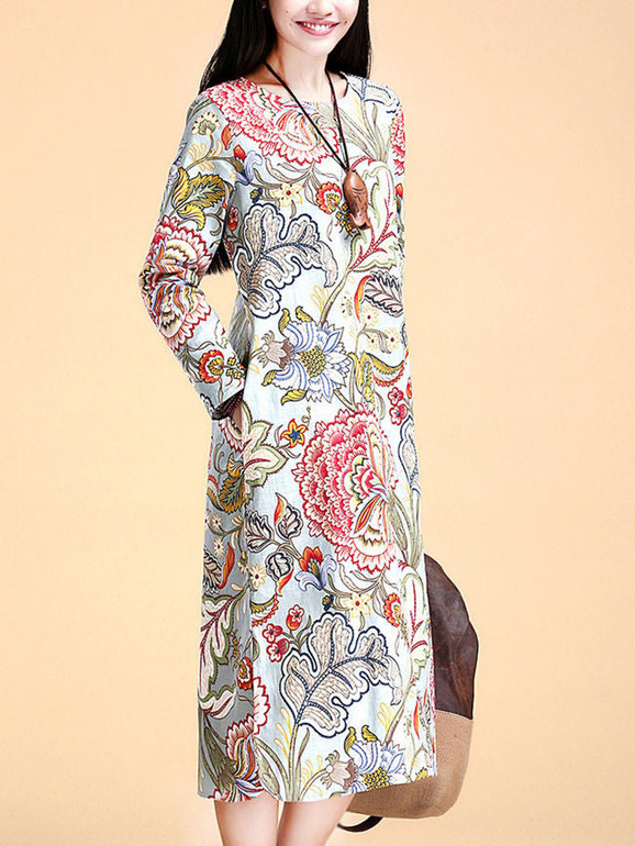 Casual Round Neck Side Slit Printed Loose Maxi Dress Casual Round Neck Side Slit Printed Loose Maxi Dress