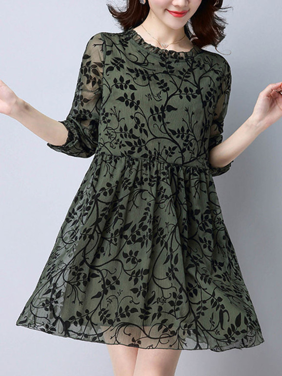 Casual Round Neck Hollow Out Plain Shift Dress