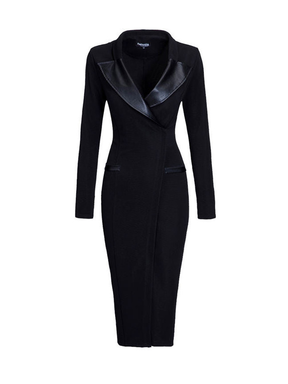 Casual Lapel Patchwork Zips Plain Modern Bodycon Dress