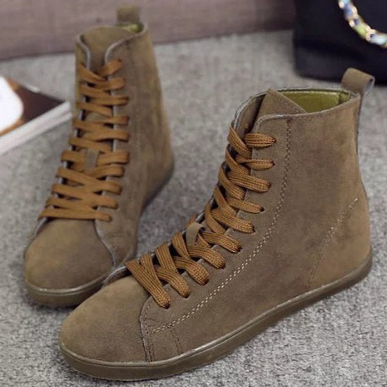 Casual Pure Color Suede Heel Increasing Flat Lace Up Ankle Boots For Women