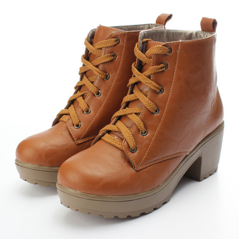 Casual Pu Chunky Heel Lace Up Pure Color Platform Shoes
