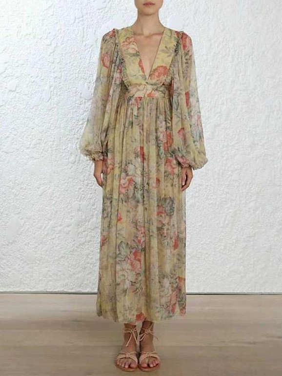 Printed V-neck Bowknot Bohemia Midi Dresses