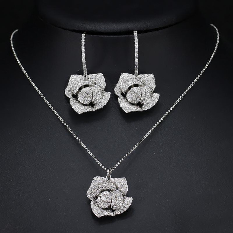 Cubic Zirconia Flower Drop Pendant Necklace And Earrings Jewelry  Set