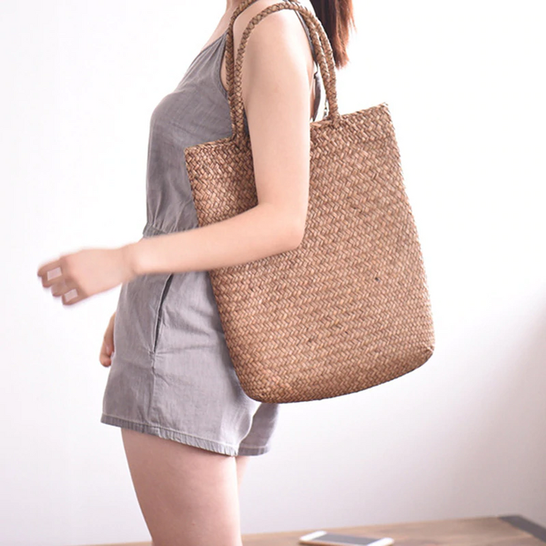 Summer Bamboo Woven Boho Straw Beach Tote Bag