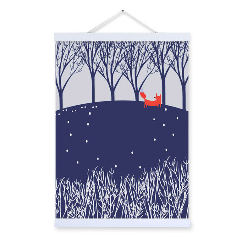 Modern Nordic Kawaii Animal Fox Forest Wooden Framed Canvas Painting Wall Art Print Picture Poster Hanger Kids Room Decoration