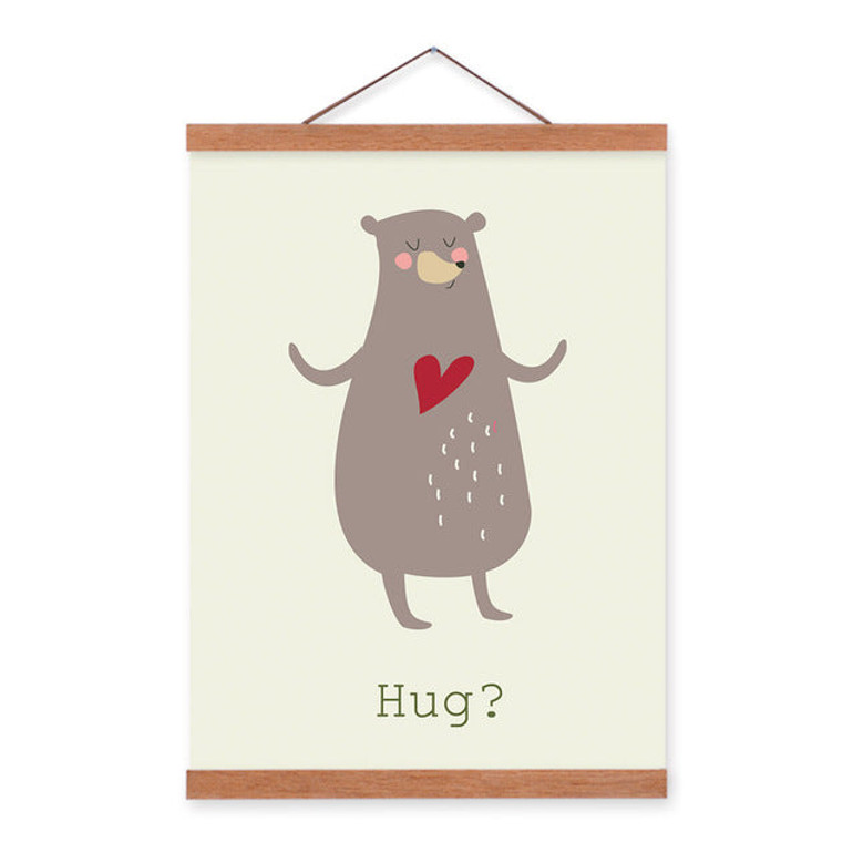 Cartoon Kawaii Animal Cute Bear Wooden Framed Canvas Painting Kids Baby Room Decor Nuresery Wall Art Print Picture Poster Hanger