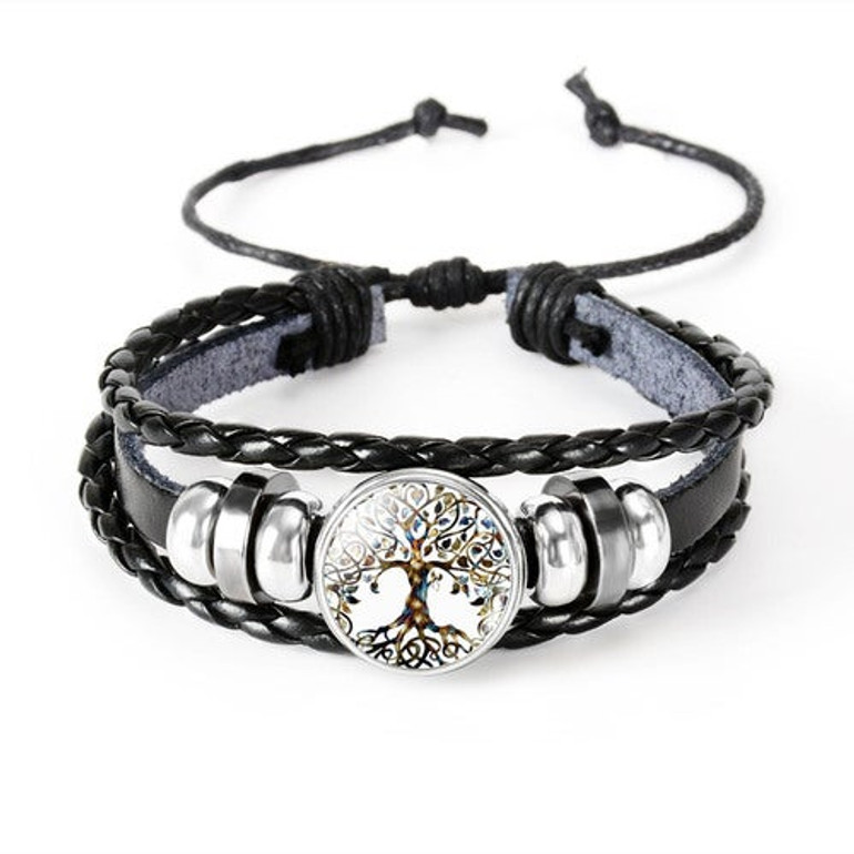 Tree of Life Under Glass Thick n Braided Leather Band Bracelet: Hutzell