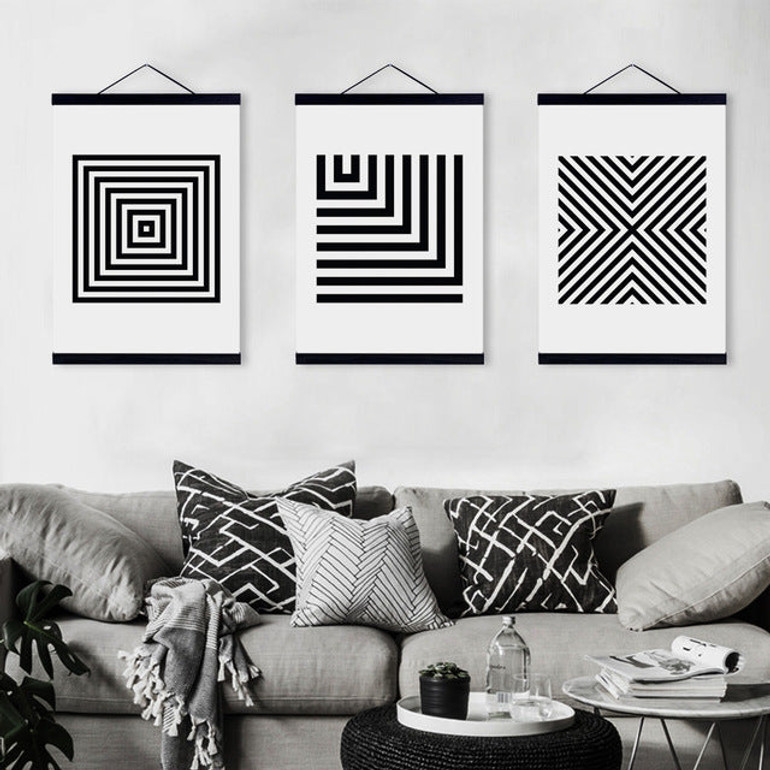 Black White Minimalist Geometric Wooden Framed Canvas Paintings Modern Nordic Home Decor Wall Art Print Pictures Poster Scroll