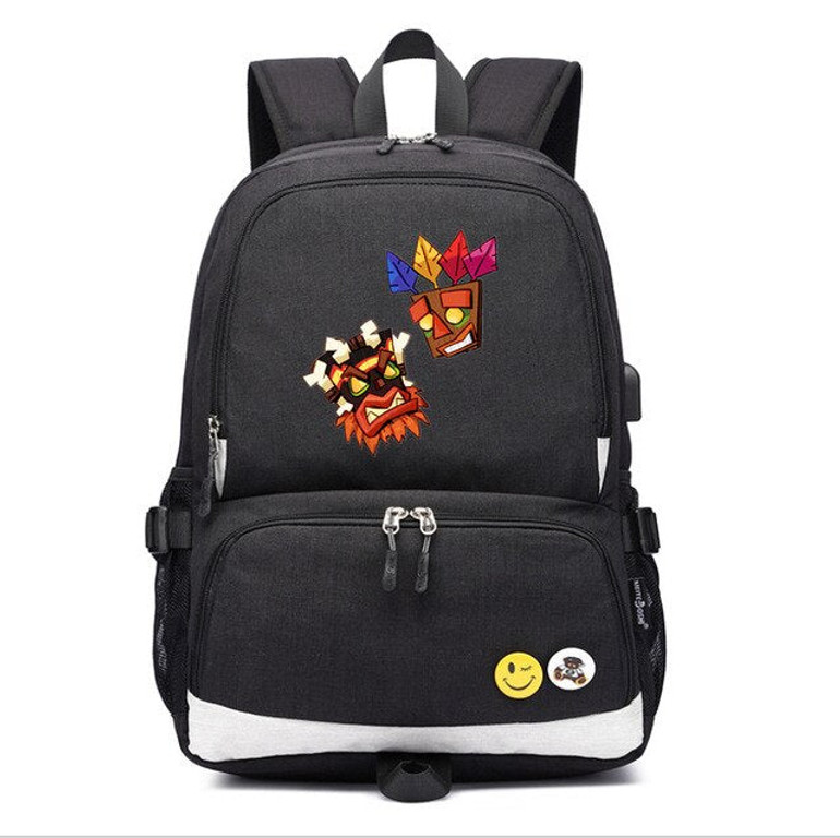Teenagers Crash Bandicoot usb charging canvas Backpack