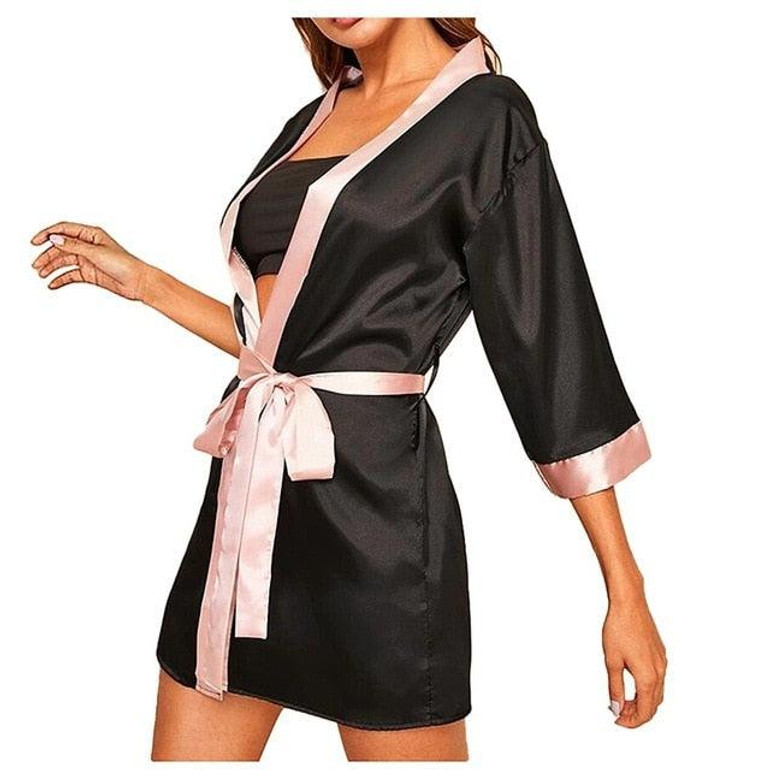 Silk Kimono Black Silk Sexy Lingerie Bow Satin Robe