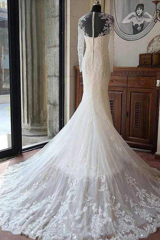 Sexy Tulle Bridal Gown Long Sleeves Lace With Applique Wedding Dress W304
